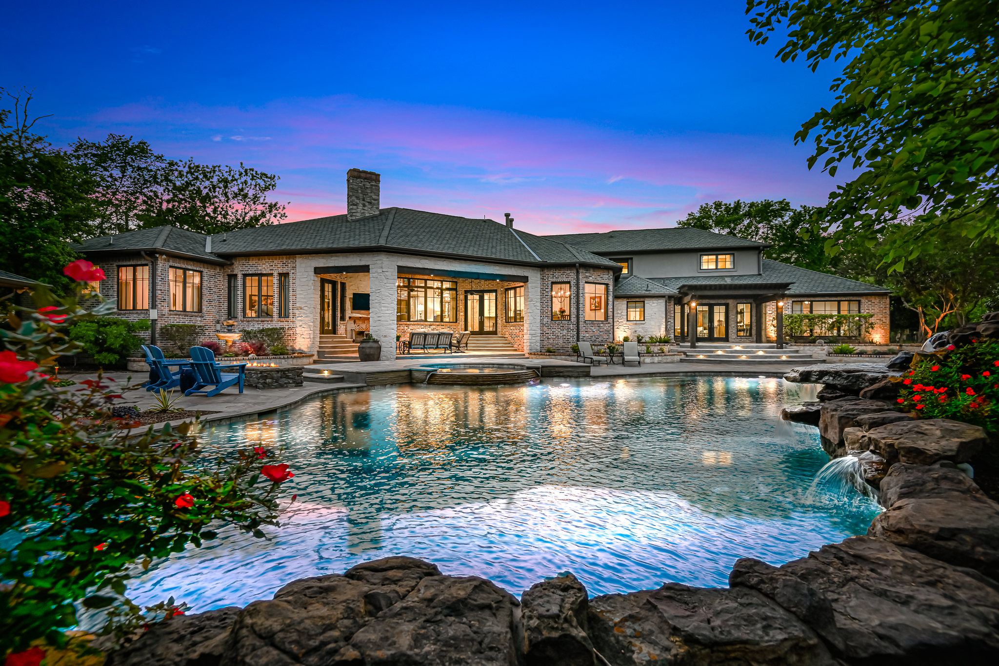 Resort-style backyard pool at dusk, Houston