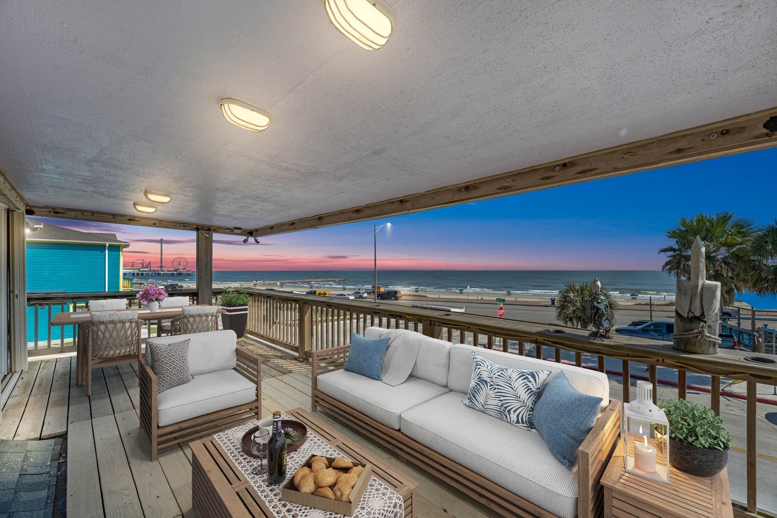 Virtually staged beach house porch at sunset